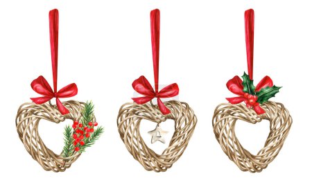 Set wicker heart homemade decoration for Christmas or New Year. Watercolor illustration painting isolated on white background. Design elements for greeting card or invitation