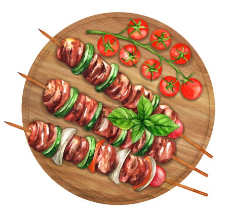 Foto de Tasty fried meat and vegetables on wooden skewers. Top view. Watercolor hand drawn illustration. Suitable for menu, cookbook and restaurant - Imagen libre de derechos