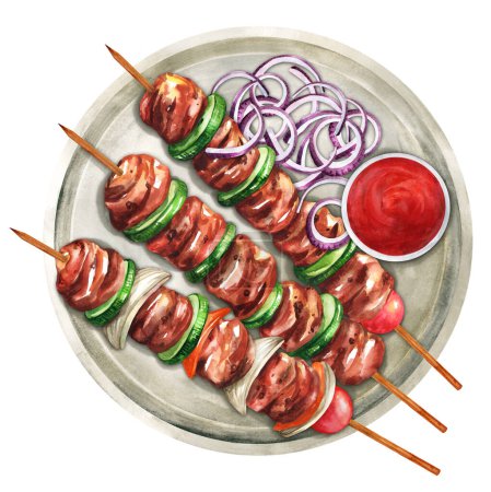 Foto de Grilled chicken kebabs with vegetables and sauce on a plate. Hand-drawn watercolor illustration. Suitable for menus, cookbook and restaurant. Top view - Imagen libre de derechos