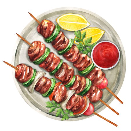 Foto de Grilled chicken skewers with lemon and sauce on a plate. Hand-drawn watercolor illustration. Suitable for menus, cookbook and restaurant. Top view - Imagen libre de derechos