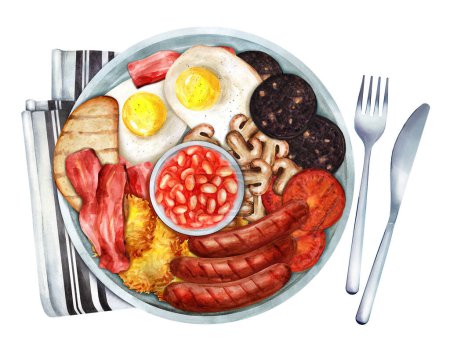 English breakfast with fried eggs, sausage, bacon, black pudding, beans and toast. Traditional English food. Hand drawn watercolor illustration. Suitable for menus, cookbook and restaurant