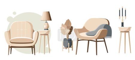 Set of furniture and decor elements. Cozy armchairs, indoor plant, console table. Flat style vector illustration isolated on white background in eps 10