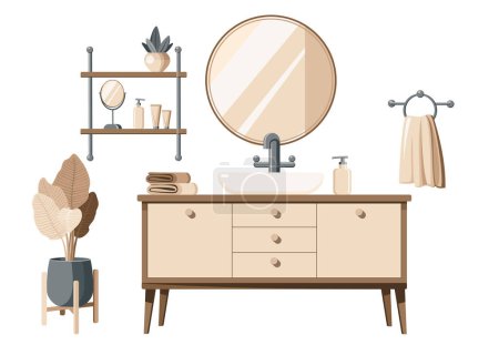 Ilustración de Set de baño interior con lavabo; lavabos; espejo; armario y plantas. Estilo escandinavo o nórdico. Ilustración vectorial plana aislada sobre fondo blanco en eps 10 - Imagen libre de derechos