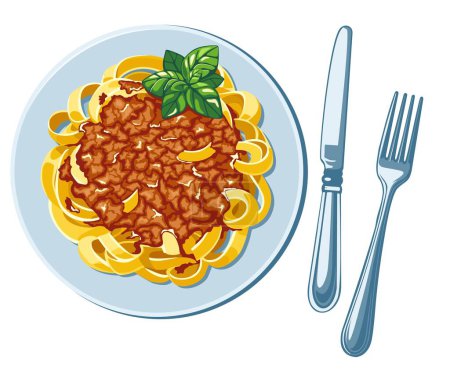 Teller Tagliatelle Pasta mit Bolognese-Sauce, serviert mit Basilikumblättern. Italienisches Essen. Vektorillustration in Folge 10. Geeignet für Menü, Rezept und Kochbuch 