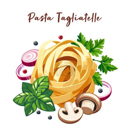 Tagliatelle Pasta mit Gemüse und Gewürzen auf weißem Hintergrund. Design-Vorlage für italienische Restaurants. Vektorillustration in Folge 10. Geeignet für Menü, Rezept und Kochbuch 