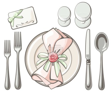 Etiqueta de mesa de la ceremonia de boda con tenedor de cubiertos, cuchillo y servilleta sobre fondo blanco aislado. Establecimiento de mesa restaurante negocio. Ilustración vectorial en eps 10