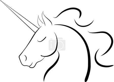 Esbozo simple de la cabeza del unicornio con un cuerno largo. Perfil lateral de la cabeza.