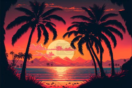 80's or 90's retro sunset landscape, Evening on the beach with palm trees, Colorful picture for rest. Palm trees at sunset