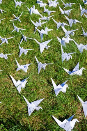 Foto de Japonés plegado grúas de origami sobre hierba fresca. Cientos de pájaros de papel hechos a mano en el campo verde con espacio de copia. 1000 mil tema de escultura de grúa tsuru. Símbolo de paz, fe, salud, deseos y esperanza - Imagen libre de derechos