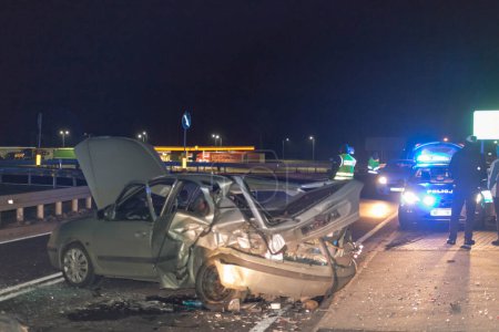 Road bridge in Iowa, Lubusz Voivodeship, Poland. Road accident on December 1, 2020 around 9 p.m.