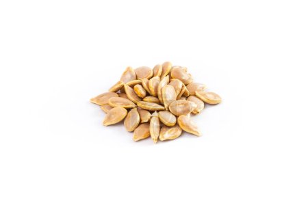 Photo for Pumpkin seeds pile isolated on white background, soft focus close up - Royalty Free Image