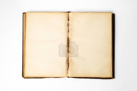 Empty yellowed pages in a opened vintage book, isolated on white background, close up