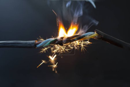 Foto de Flame smoke and sparks on an electrical cable, fire hazard concept, soft focus close u - Imagen libre de derechos