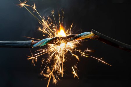 Photo for Flame smoke and sparks on an electrical cable, fire hazard concept, soft focus close up - Royalty Free Image