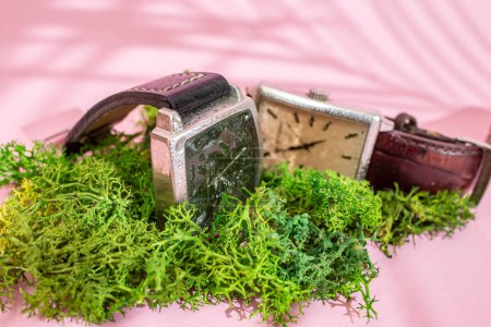 Téléchargez les photos : Deux montres-bracelets génériques sur lichen vert saupoudré d'eau, concept de résistance, mise au point douce gros plan - en image libre de droit
