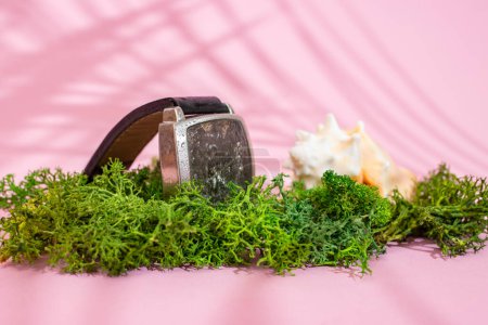 Téléchargez les photos : Montre-bracelet générique sur lichen vert et coquille de mer, arrosée d'eau, concept de résistance, mise au point douce en gros plan - en image libre de droit