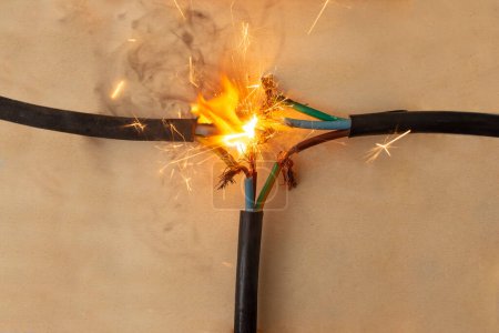 flame smoke and sparks on three  electrical cables faulty connection, on wooden background, fire hazard concept, soft focus close up