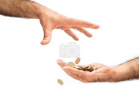 Photo for Two male arms, throwing and receving coins isolated on white background - Royalty Free Image