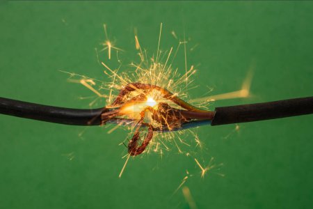 Sparks explosion between electrical cables, on green background, fire hazard concept 