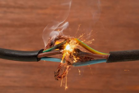 Sparks explosion between electrical cables, on brown wooden background, fire hazard concept 