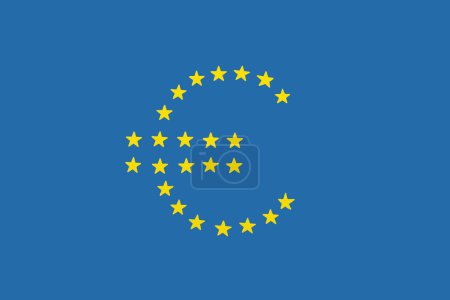 Symbole de monnaie de l'Union européenne réalisé avec des étoiles jaunes sur fond bleu 