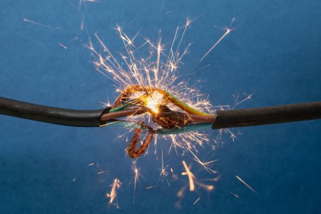 Sparks explosion between electrical cables, on blue background, fire hazard concept 