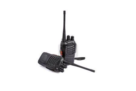 Two black plastic walkie talkies isolated on white 