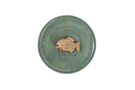 Golden piranha fish painted on a green ceramic plate, isolated on white background, 