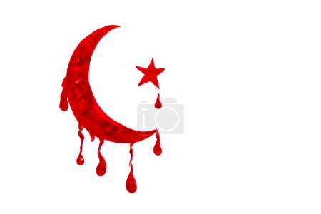 Símbolo islámico, Media Luna y Estrella, hecho con sangre falsa aislada en blanco  