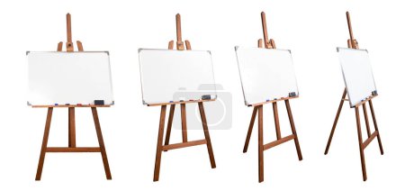 Photo for Wooden easel with a magnetic white board isolated on white, different sides angles - Royalty Free Image