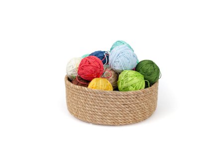 Clews or Skeins of colorful threads in a jute rope basket, isolated on white 