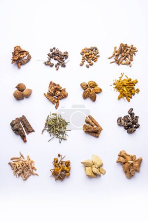 Photo for Group of Ayurvedic medicines over white background - Royalty Free Image