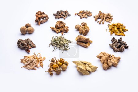 Group of Ayurvedic medicines over white background