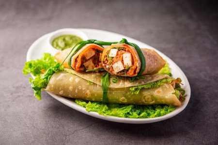 Cottage Cheese Paneer kathi roll or wrap known as kolkata style spring rolls