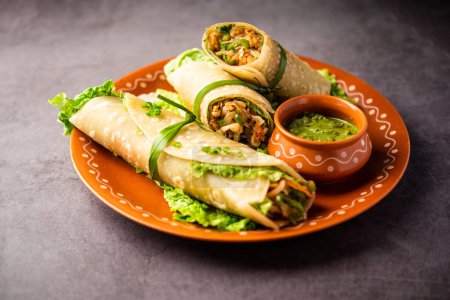 Photo for Indian chapati veg spring Rolls filled with vegetables and spices, also called franky - Royalty Free Image