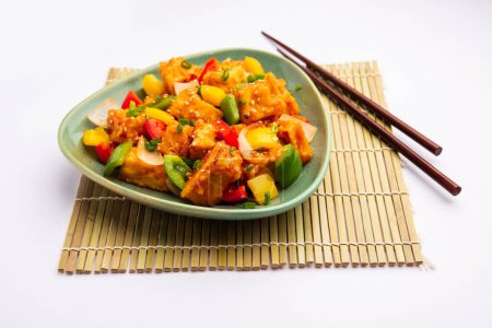 Photo for Chilli paneer dry is made using cottage cheese, Indo chinese food - Royalty Free Image
