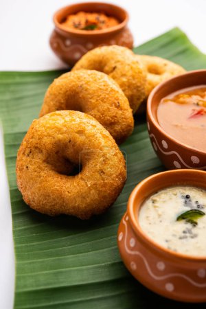 Photo for Sambar Vada or Medu vadai with sambhar and chutney - Popular South Indian snack or breakfast - Royalty Free Image