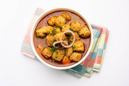 Photo for Soya chunks curry or meal maker curry is a delicious Indian dish made with soy nuggets - Royalty Free Image
