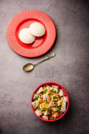 Photo for Idli Chaat is a tasty Indian recipe made using leftover idlis - Royalty Free Image