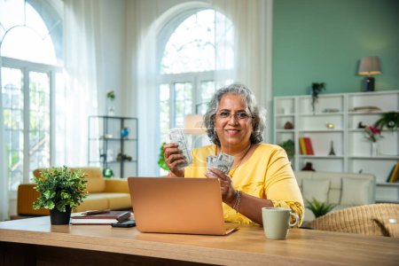 Indische alte Dame mit Laptop und Geld