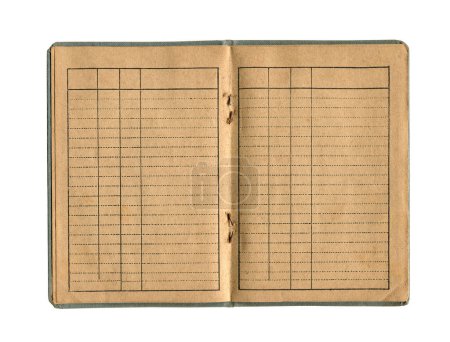 front view closeup detail of small old open notebook with vintage yellow brown paper cloth cover and empty spreadsheet accounting charts inside isolated on white background