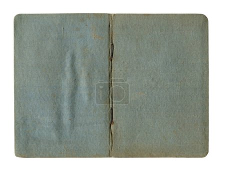 front view closeup detail of small old open notebook vintage blue cover with stained and wrinkled buckram canvas cloth isolated on white 
