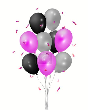 Foto de Manojo de globos rosados, plateados y negros con serpentina o confeti. Diseño vectorial. - Imagen libre de derechos