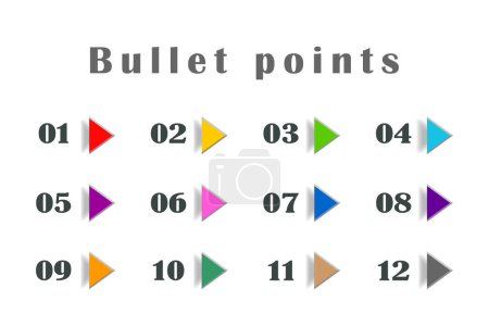 Foto de Flechas de puntos de bala de colores, números de 1 a 12. Infografías. Diseño vectorial. - Imagen libre de derechos