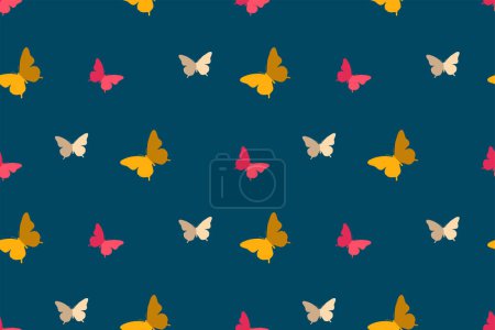 Foto de Patrón sin costuras mariposa. Mariposas amarillas, rosadas y blancas sobre fondo azul oscuro. Diseño vectorial. - Imagen libre de derechos