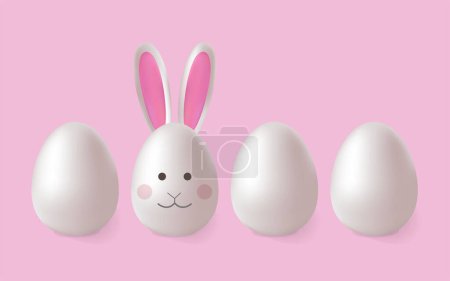 Foto de Feliz Pascua. Conjunto de huevos blancos 3d realistas y un huevo de conejo con orejas y cara. Diseño vectorial. - Imagen libre de derechos