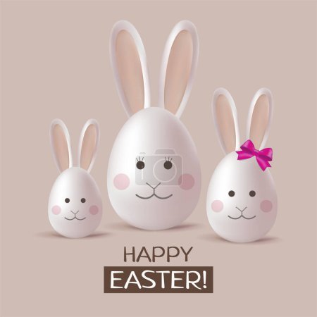 Foto de Huevos de Pascua conejo familia. Conjunto de huevos blancos 3D realistas con orejas y caras. Feliz señal de Pascua. Diseño vectorial. - Imagen libre de derechos