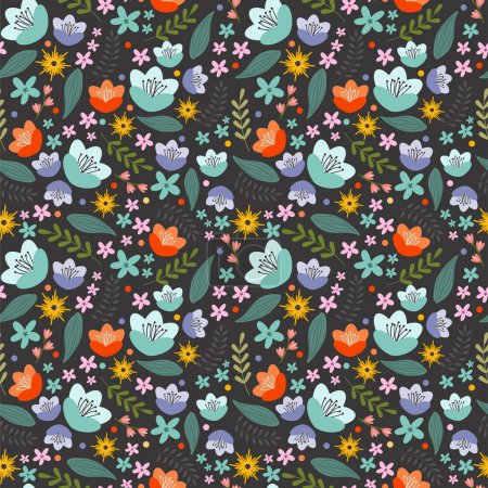 Photo for Flower seamless colorful pattern. Plenty of little flowers on the black background. Vector design. - Royalty Free Image