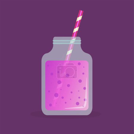 Foto de Tarro de vidrio y paja. Bebida de verano con burbujas. Fondo púrpura. Diseño vectorial. - Imagen libre de derechos