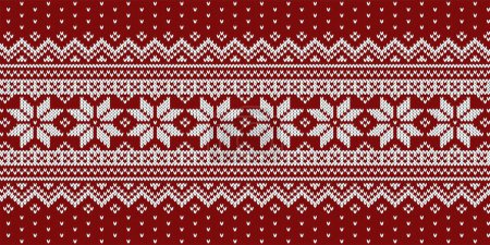 Illustration for Christmas sweater knitted pattern, white ornament on red background. Vector design. - Royalty Free Image